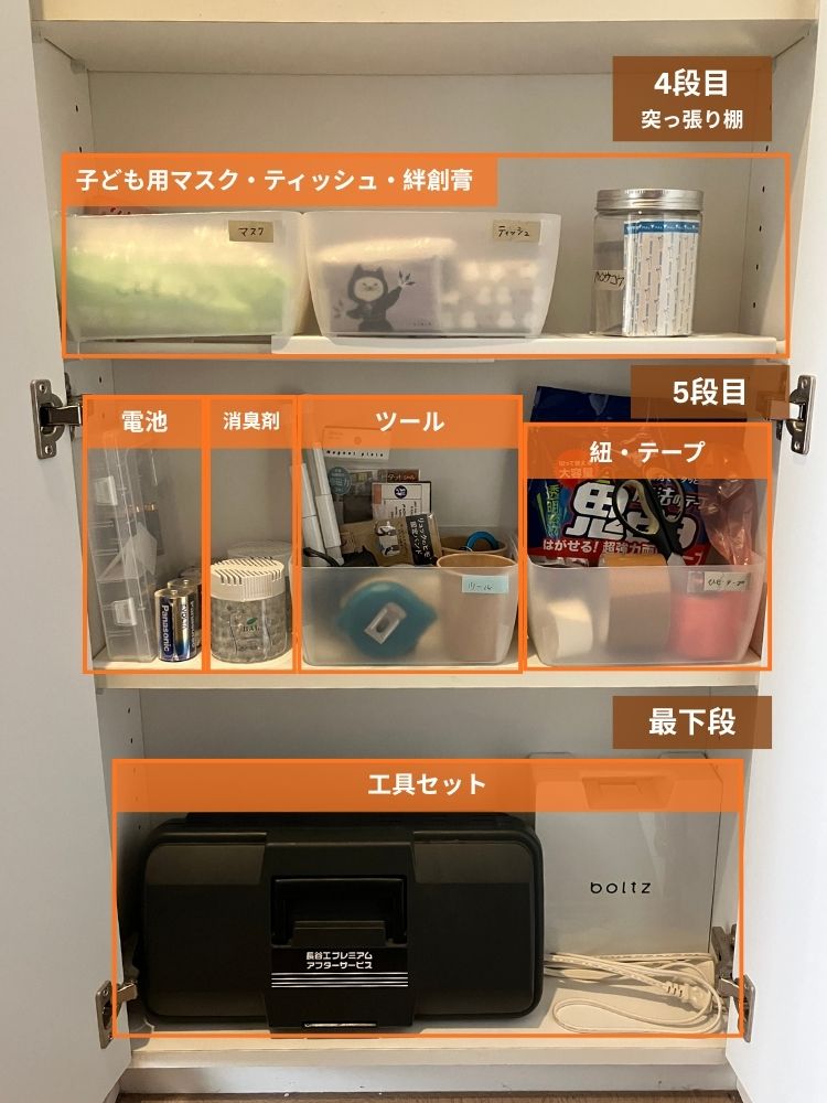 奥行きが浅い廊下収納。突っ張り棒で棚を増やした例