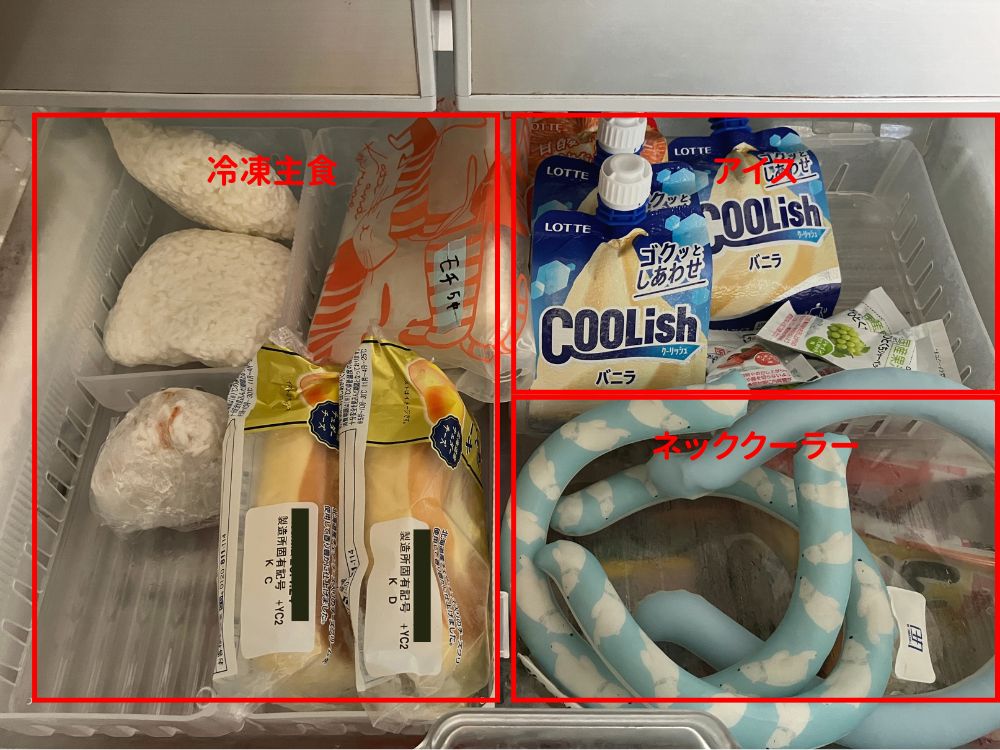 冷凍庫上段（アフター）。冷凍主食・アイス・ネッククーラーを収納。