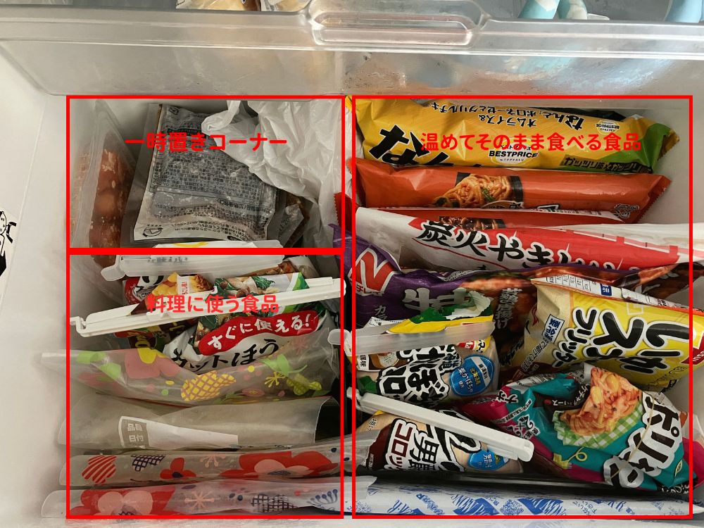 冷凍庫下段（アフター）。冷凍食品を立てて収納。